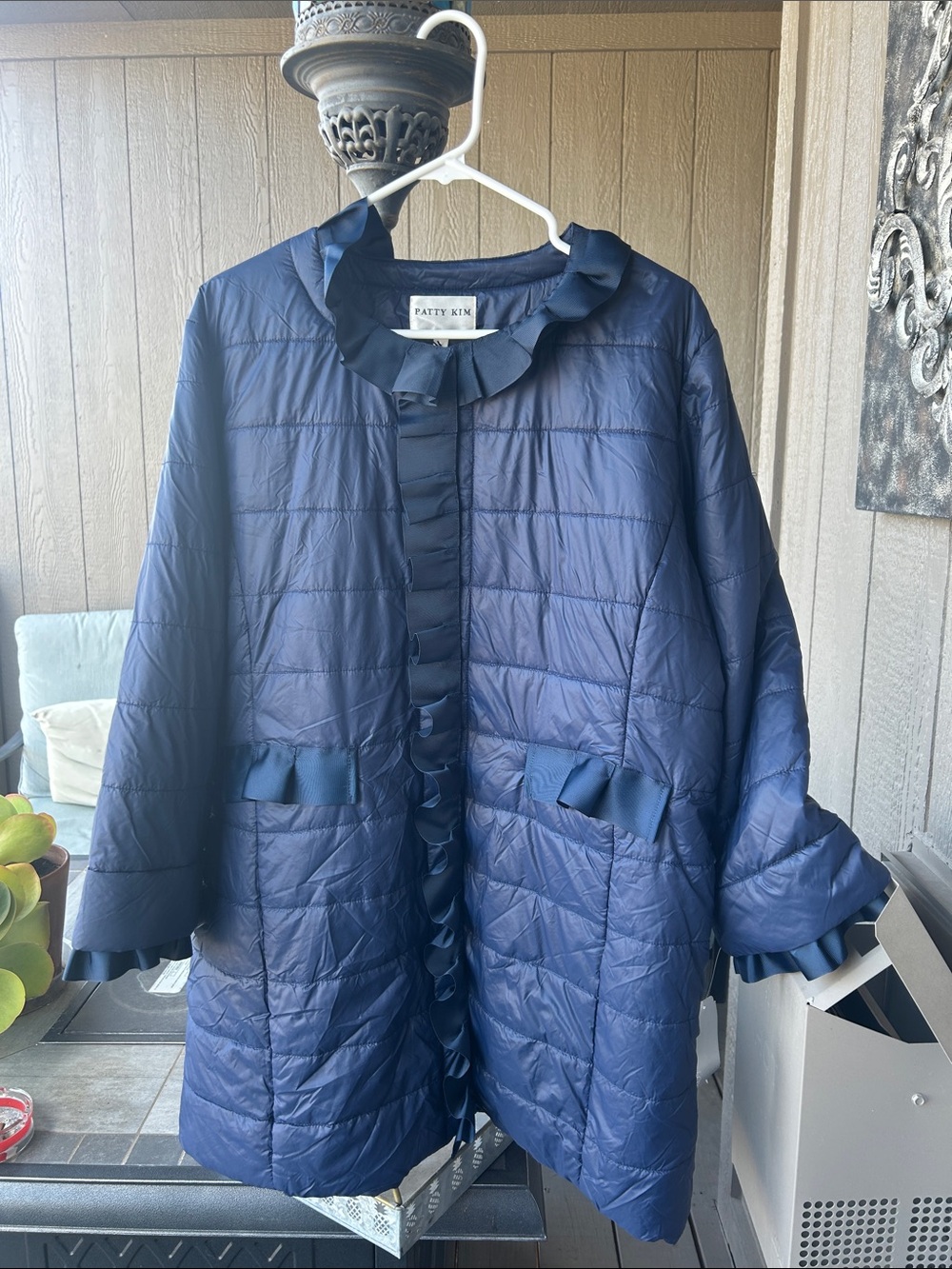 PATTY KIM Navy Quilted Ruffle-Trim Puffer Coat